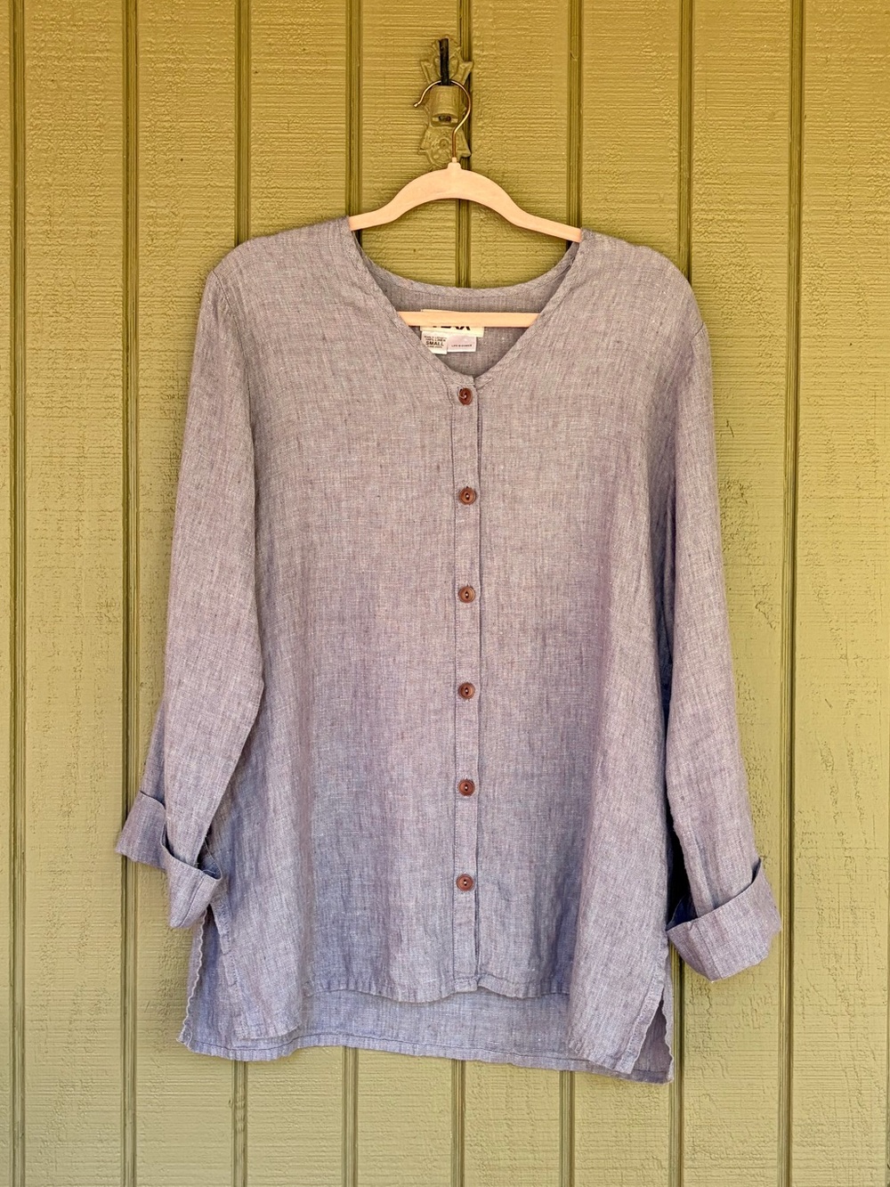 FLAX 100% Linen V-Neck Button Front Blouse Top Stone Grey Denim Blue Purple S